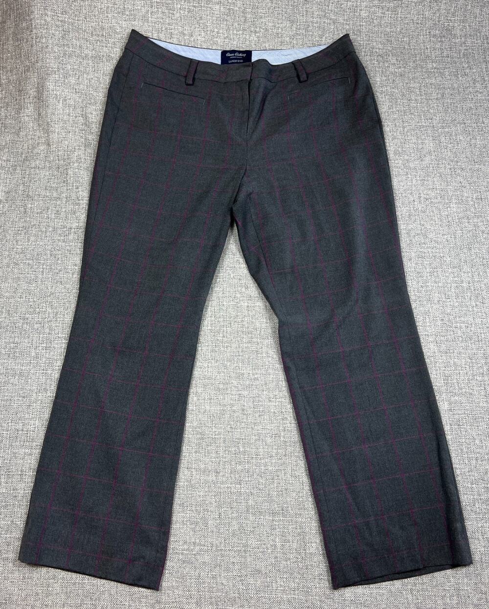 Lands' End Women's 12P Gray Pink Windowpane Plaid Mid Rise Trouser Pants